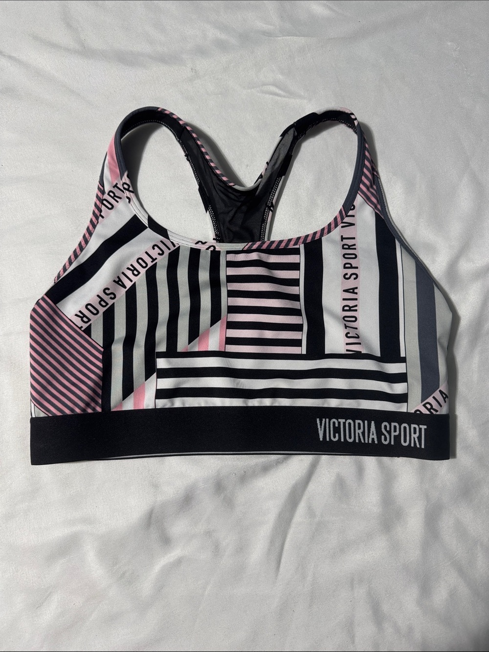 Victoria’s Secret Sport Sports Bra L Pink Black Graphic Stripe Racerback